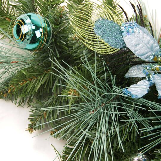 Pre-Decorated Peacock Feathers & Poinsettias Artificial Garland, Unlit